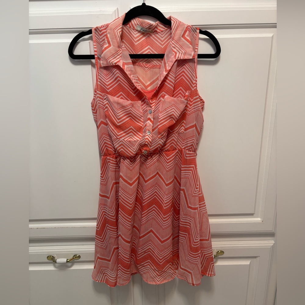 Freebird Chevron Coral White Elastic Waist Dress Women’s Size Medium